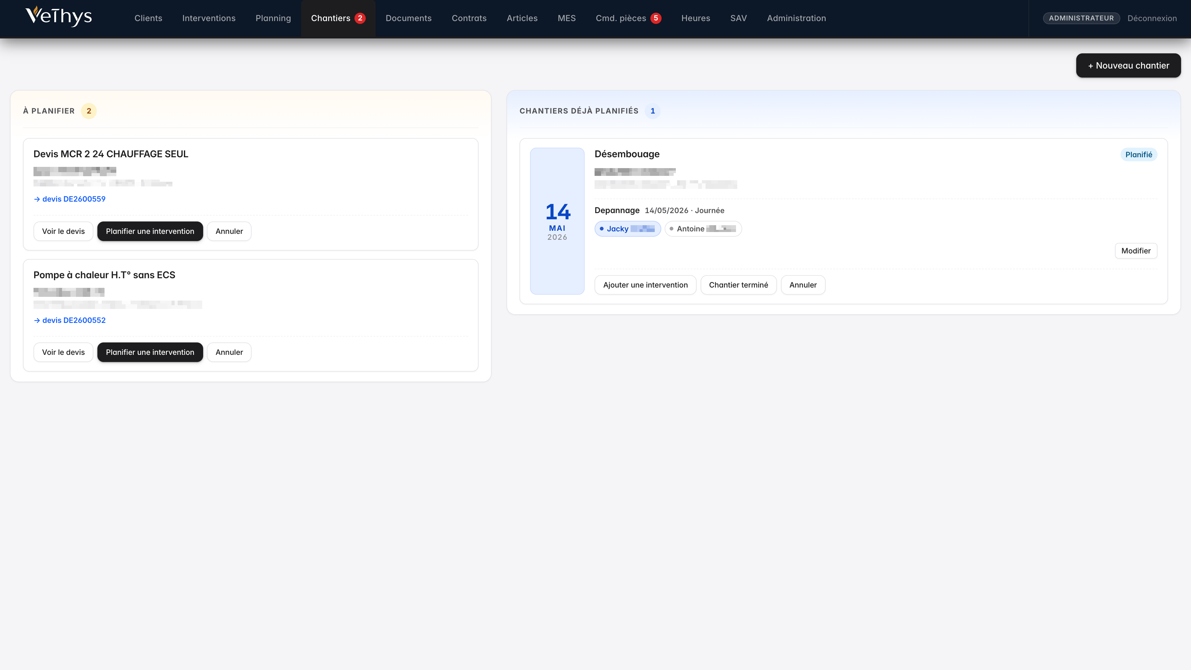 Module Chantiers Vethys : pipeline kanban à planifier / en cours / terminés / validés, avec installateurs assignés