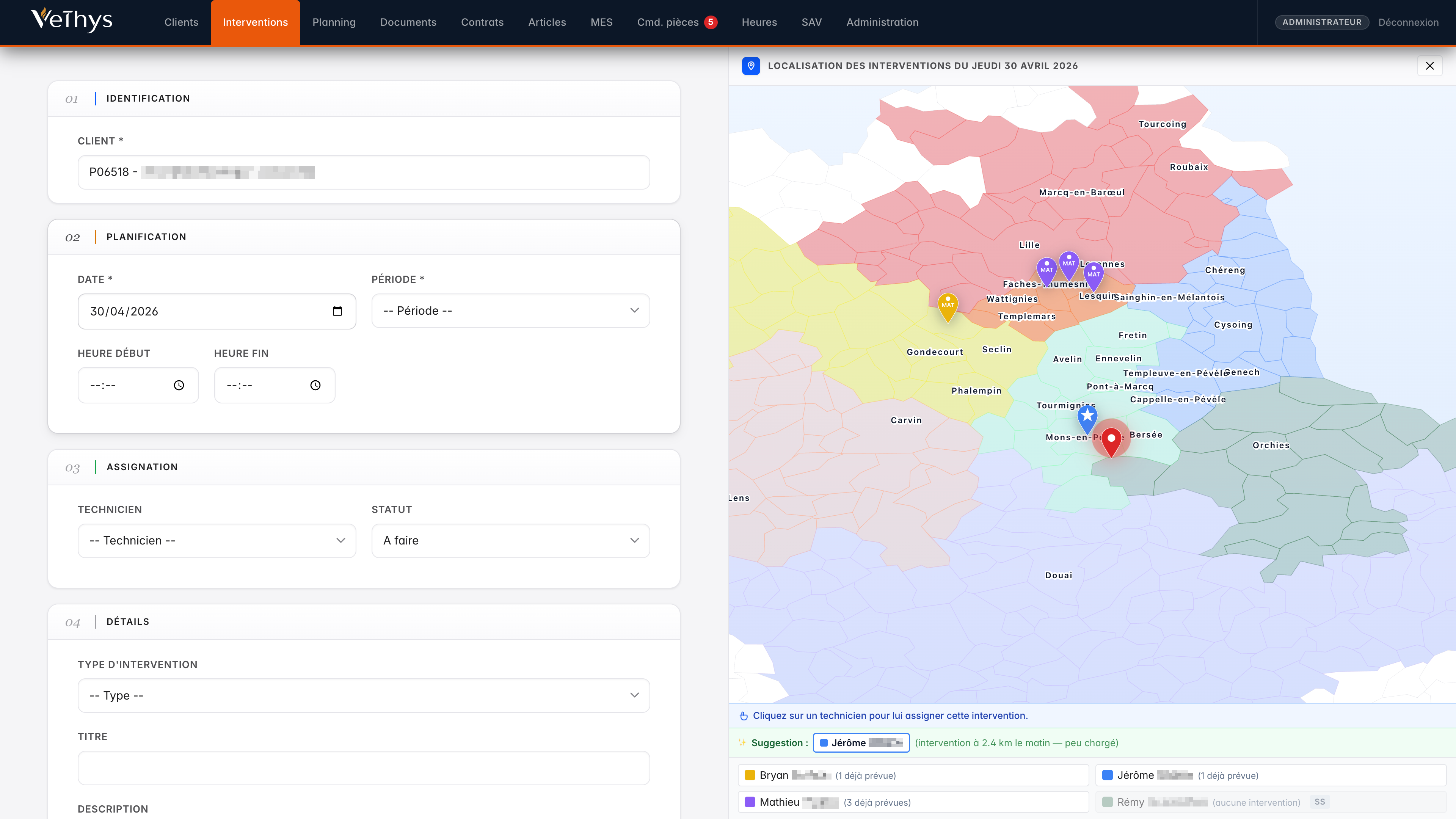 Création d'une intervention avec carte et suggestion automatique du technicien