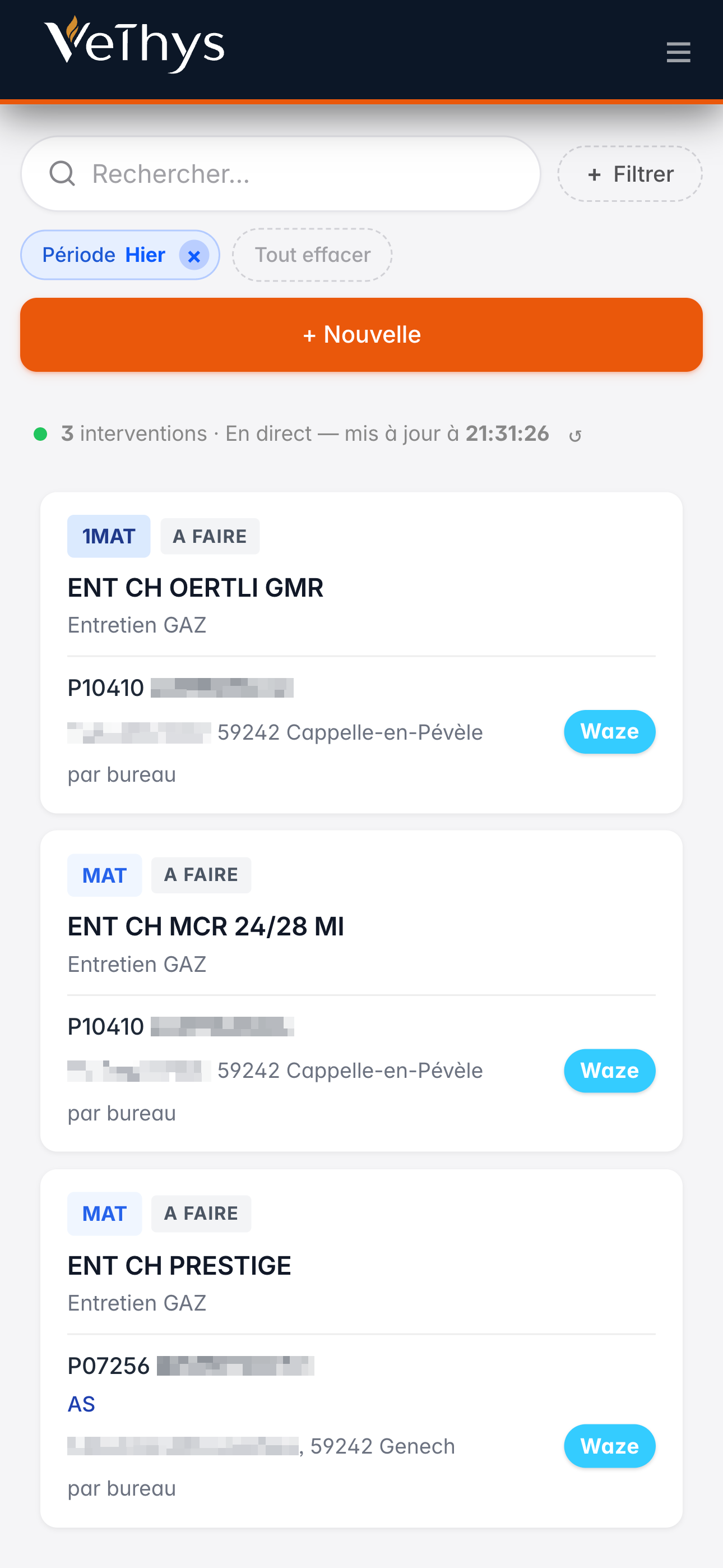 Vethys mobile : interventions du jour
