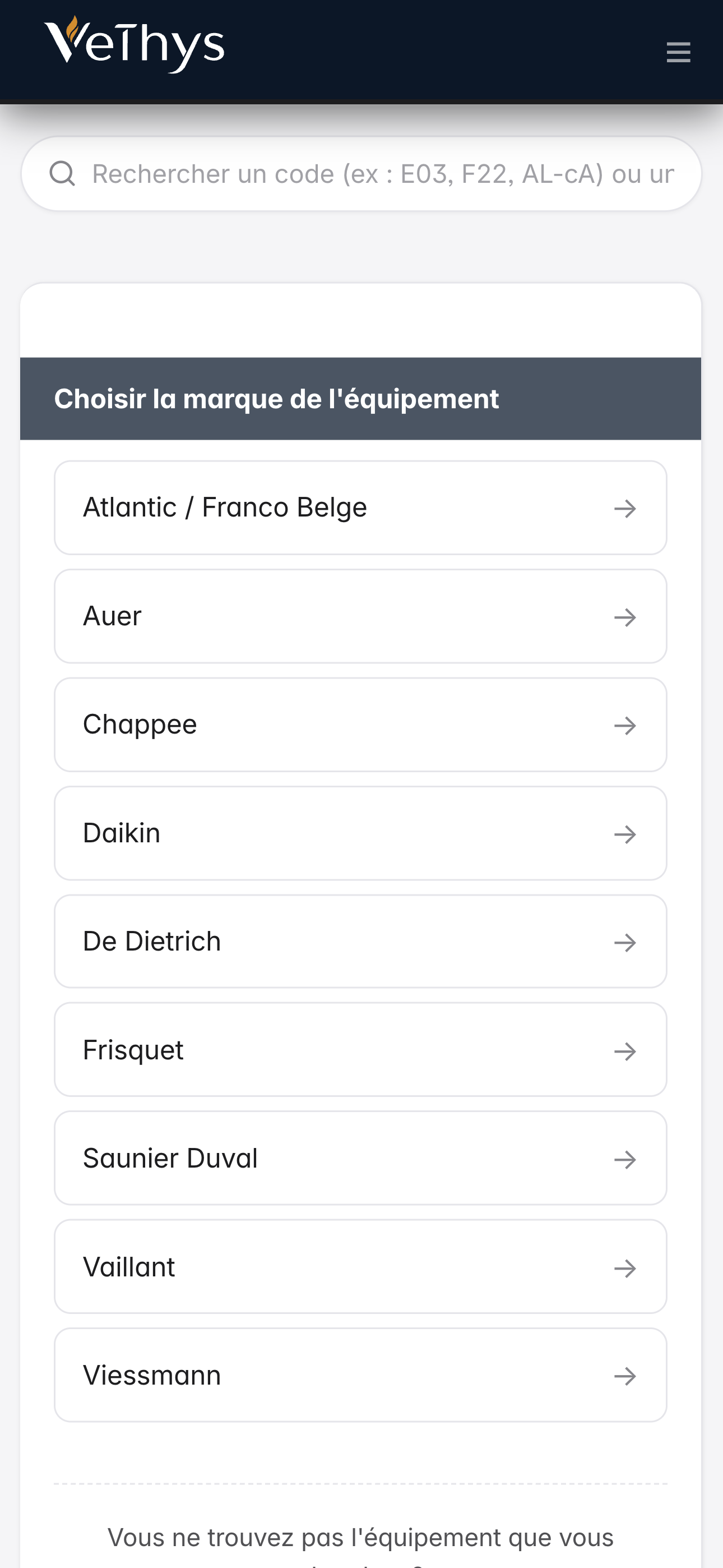 Vethys mobile : SAV codes erreur