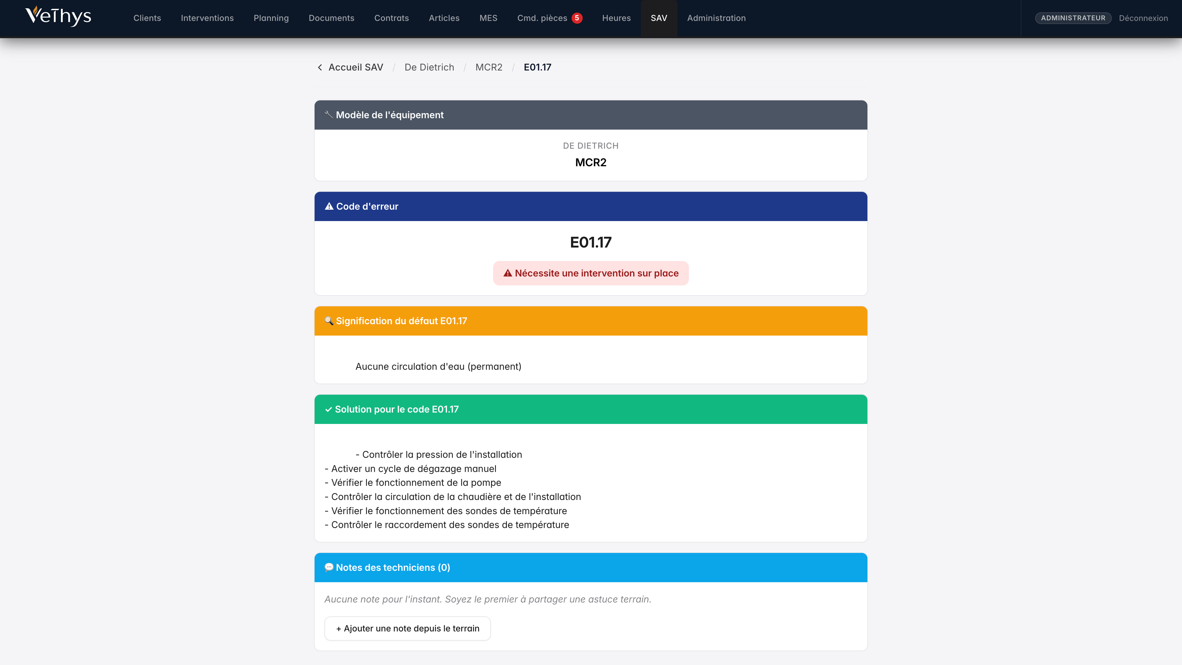 Module SAV : fiche d'un code erreur chaudière avec signification et solution